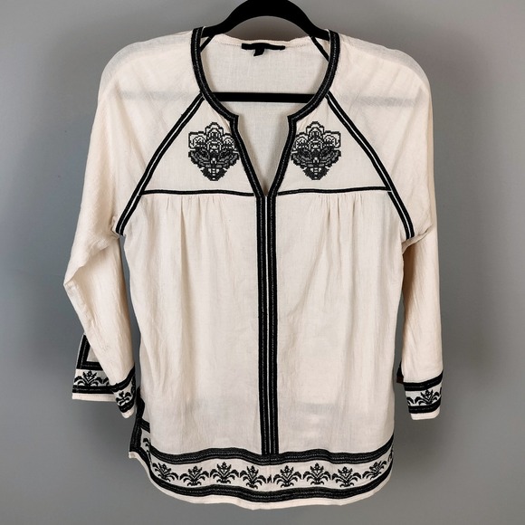 Arynk Tops - Arynk Cotton Embroidered Peasant Top Womens Small Cream‎ Black Boho Gauze Blouse